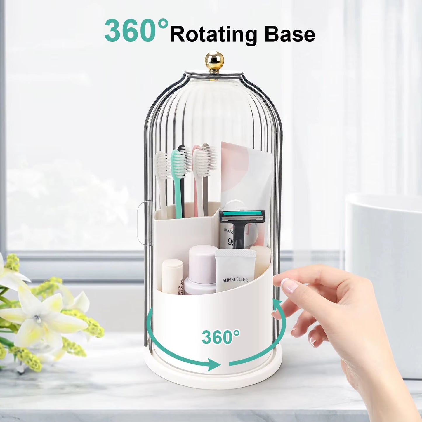 Toothbrush Holders with Sliding Lid, Rotating 3 Slots Bathroom Organizer Countertop, Tooth Brush Toothpaste Holder Bathroom Coun
