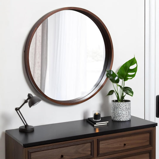 Elegant 30-Inch Hutton Round Walnut Decorative Wall Mirror - Perfect for Any Space