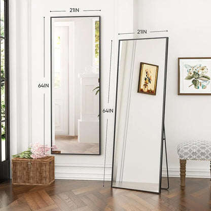 Full Length Black-Arched Floor Mirror with Stand Glassless Design for Bedroom or Living Room Aluminium Decor