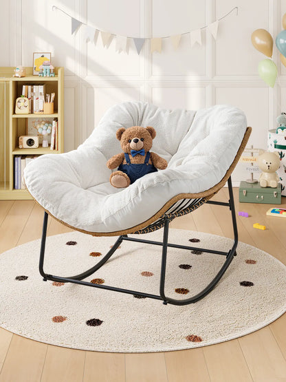 【Double-Side Fabric & SPOTLIGHT DAY】ONBRILL Oversized Indoor Outdoor Rocking Chairs, Comfy Papasan Rocking Chair with Padded Cushion, Rattan Wicker Lounge Chair, Modern Reading Accent Chair for Balcony Garden, Livingroom Furniture,Christmas Gift