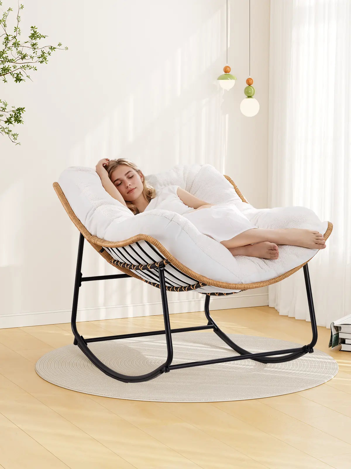 【Double-Side Fabric & SPOTLIGHT DAY】ONBRILL Oversized Indoor Outdoor Rocking Chairs, Comfy Papasan Rocking Chair with Padded Cushion, Rattan Wicker Lounge Chair, Modern Reading Accent Chair for Balcony Garden, Livingroom Furniture,Christmas Gift
