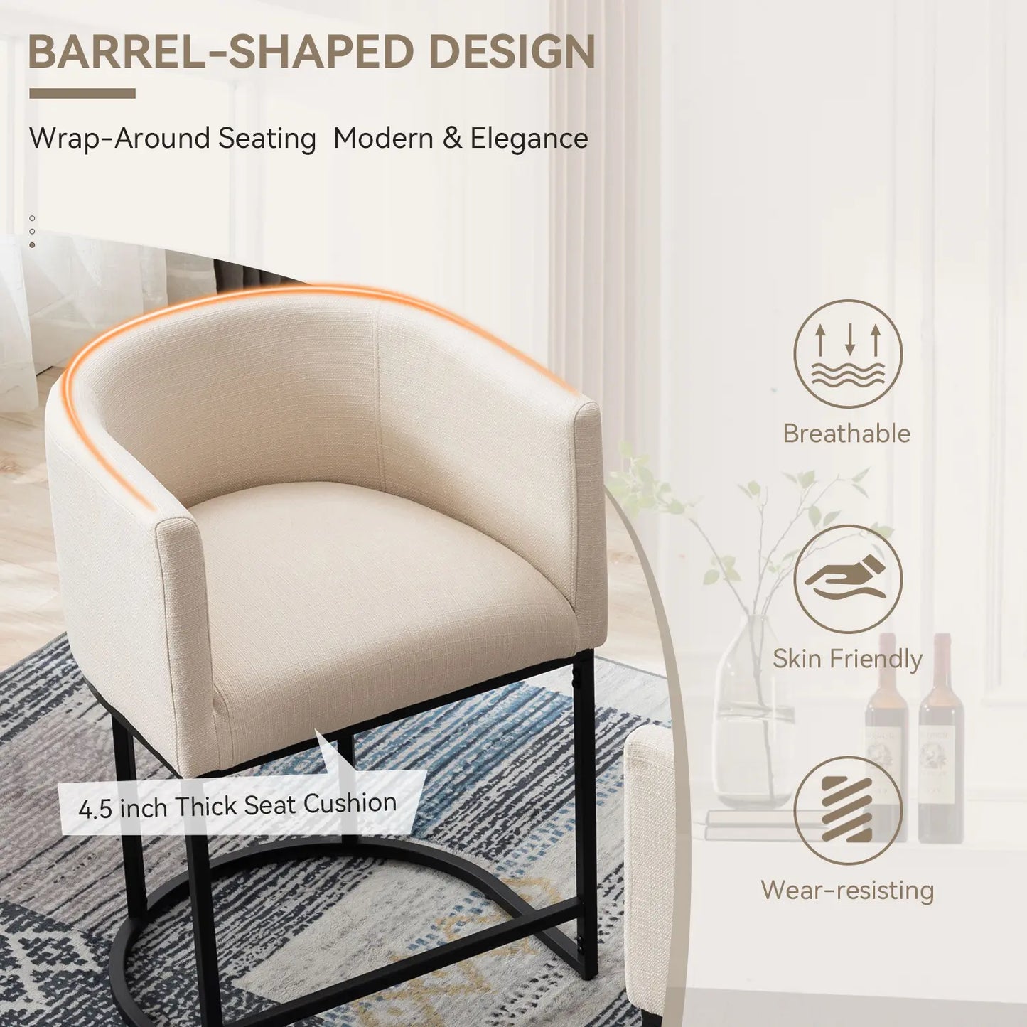 CHAIRUS 24" Counter Height Bar Stools, Modern Barrel Counter Stools with Backrest and Arms, Linen Fabric Bar Chairs with Black Metal Frames and Footrest,Upholstered Accent Bar Stools for Kitchen Island, Dining Room,Cream