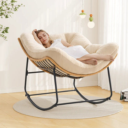 【Double-Side Fabric & SPOTLIGHT DAY】ONBRILL Oversized Indoor Outdoor Rocking Chairs, Comfy Papasan Rocking Chair with Padded Cushion, Rattan Wicker Lounge Chair, Modern Reading Accent Chair for Balcony Garden, Livingroom Furniture,Christmas Gift