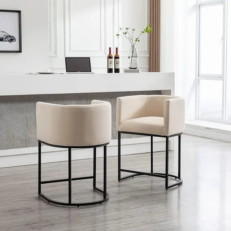 CHAIRUS 24" Counter Height Bar Stools, Modern Barrel Counter Stools with Backrest and Arms, Linen Fabric Bar Chairs with Black Metal Frames and Footrest,Upholstered Accent Bar Stools for Kitchen Island, Dining Room,Cream