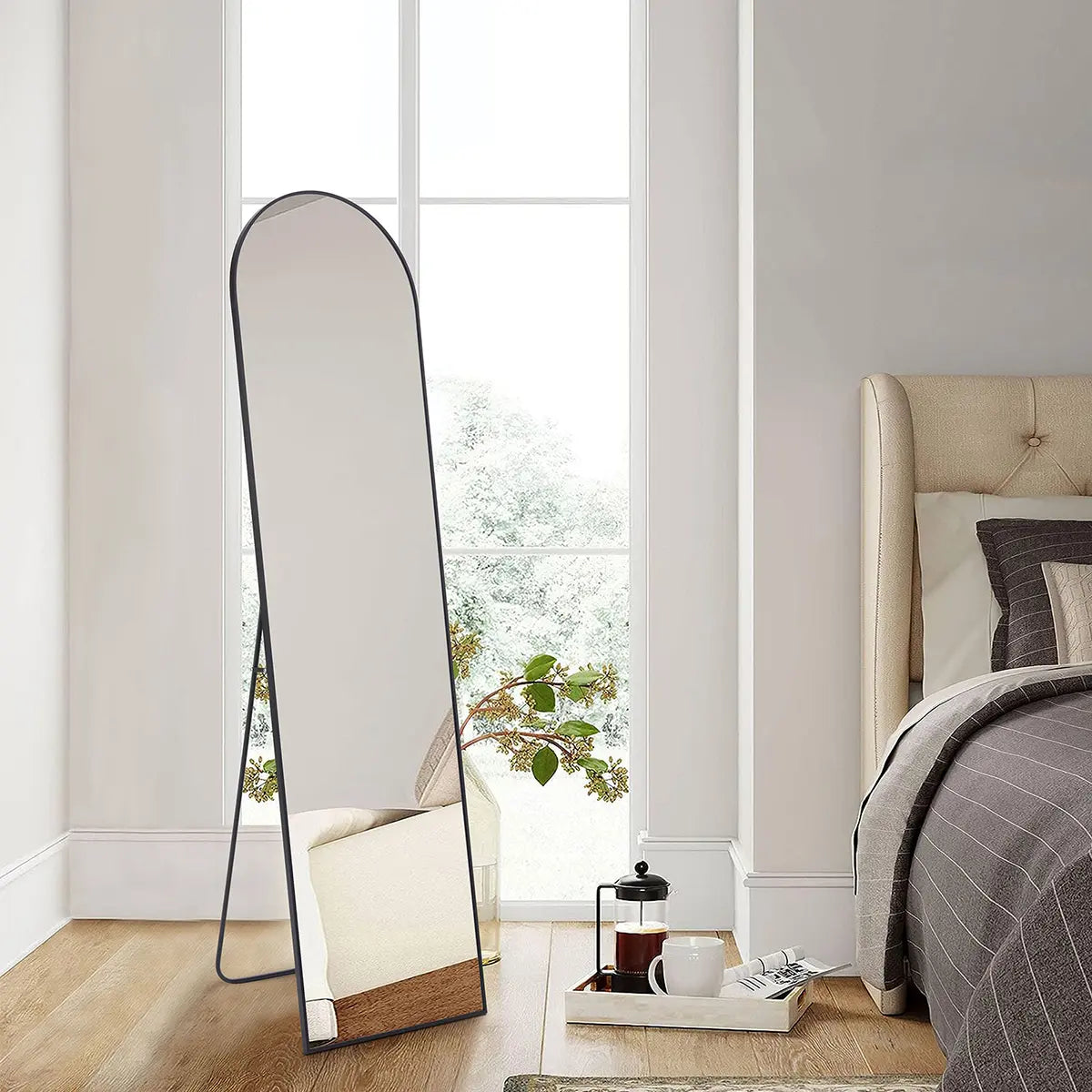 Full Length Black-Arched Floor Mirror with Stand Glassless Design for Bedroom or Living Room Aluminium Decor