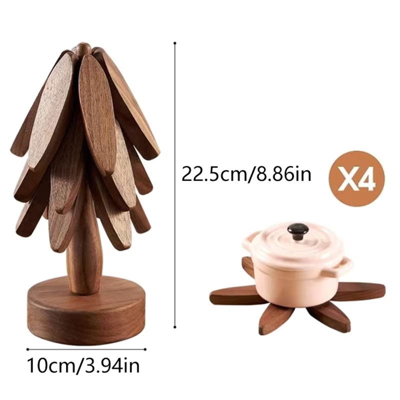 4PCS Trivets Wooden Trivets for Hot Dishes Insulation Pad Tree Shape Trivet Set Coaster for Teapot Hot Pots Halloween Christmas