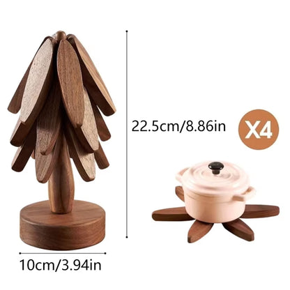 4PCS Trivets Wooden Trivets for Hot Dishes Insulation Pad Tree Shape Trivet Set Coaster for Teapot Hot Pots Halloween Christmas