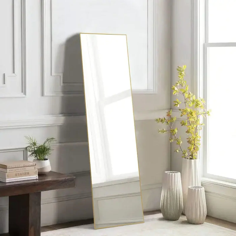 Full Length Black-Arched Floor Mirror with Stand Glassless Design for Bedroom or Living Room Aluminium Decor