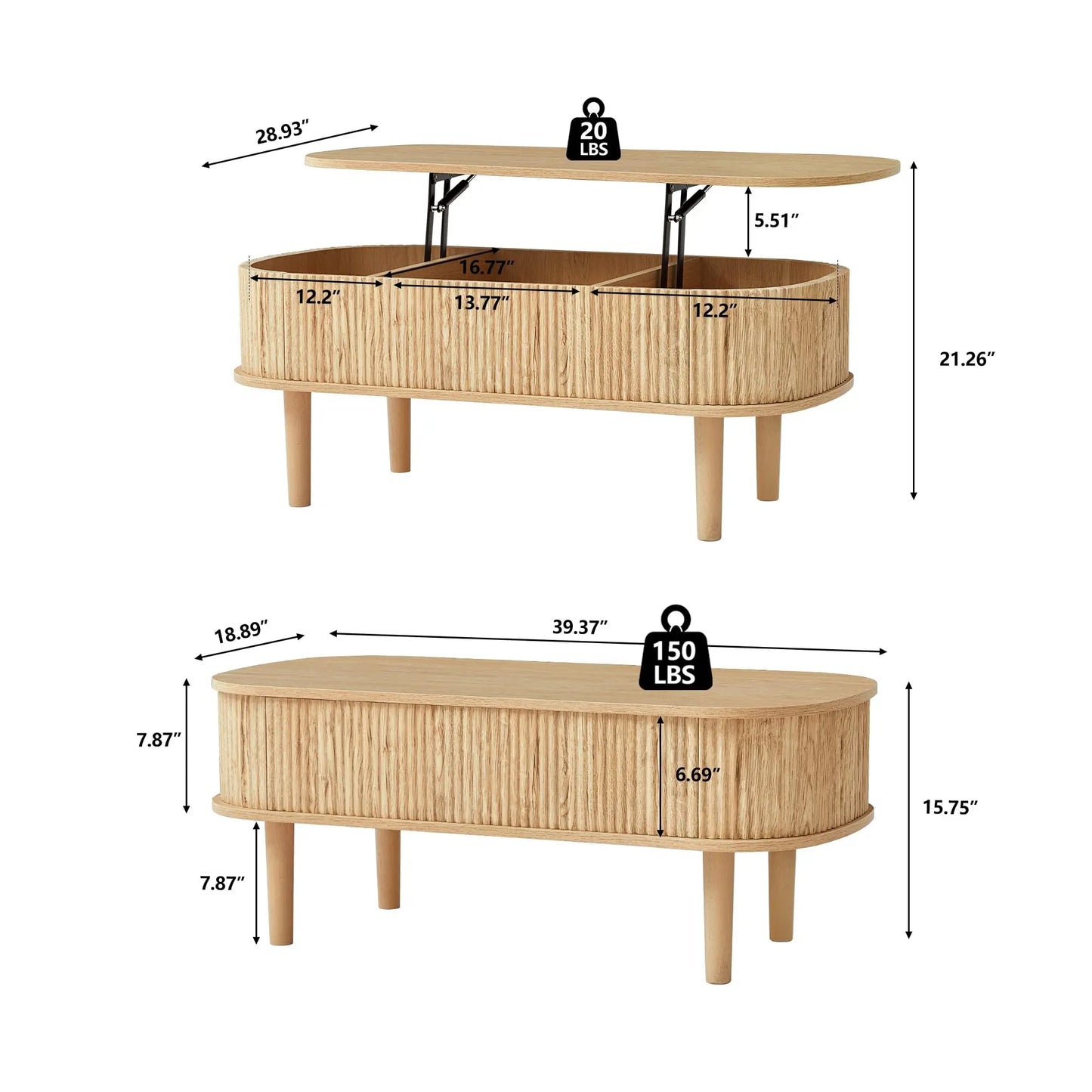Giratree Fully Assembled Wooden Center Table, Fluted Lift Top Coffee Table with Hidden Compartment, Modern Oval Lift Tabletop for Home Living Room Office
