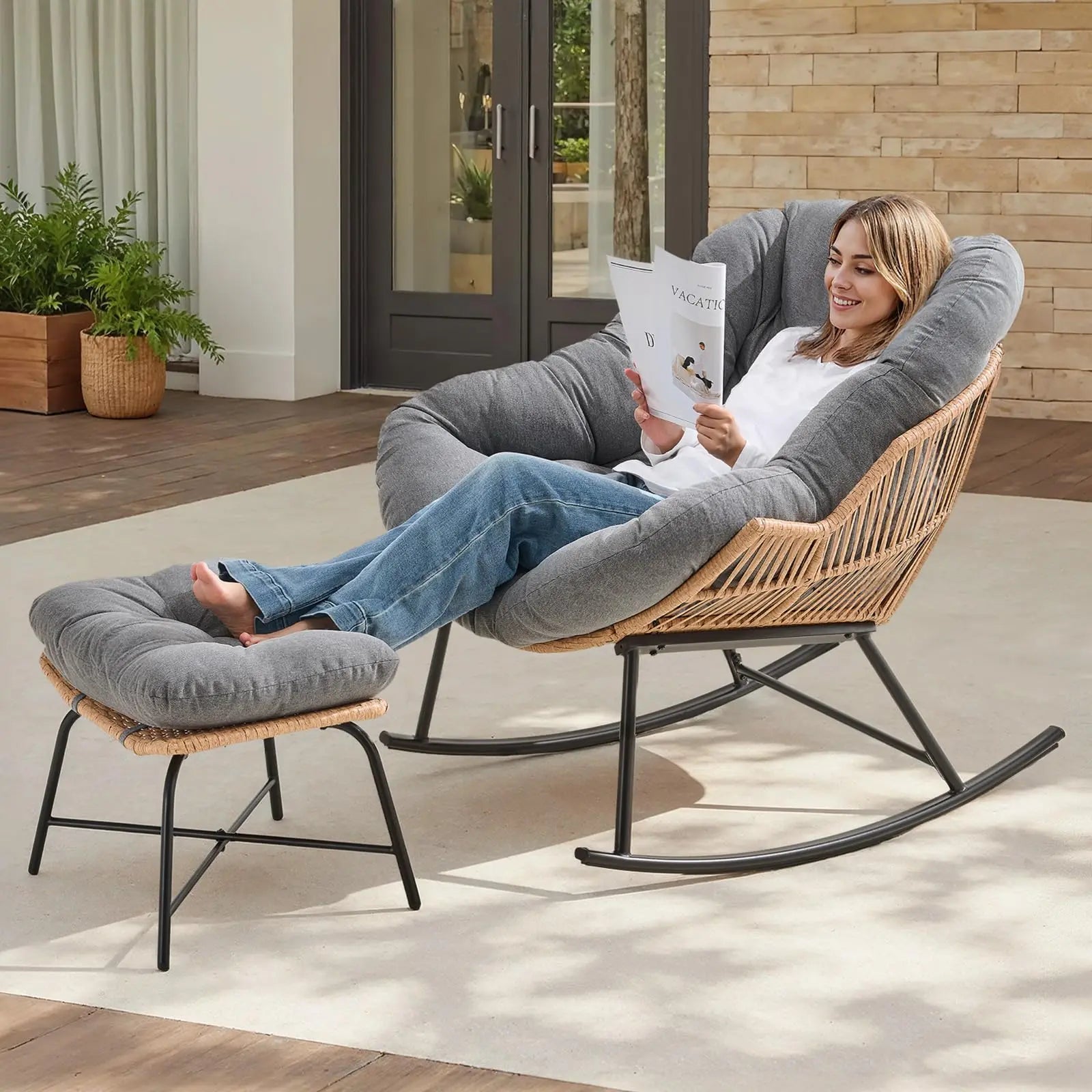 【Double-Side Fabric & SPOTLIGHT DAY】ONBRILL Oversized Indoor Outdoor Rocking Chairs, Comfy Papasan Rocking Chair with Padded Cushion, Rattan Wicker Lounge Chair, Modern Reading Accent Chair for Balcony Garden, Livingroom Furniture,Christmas Gift