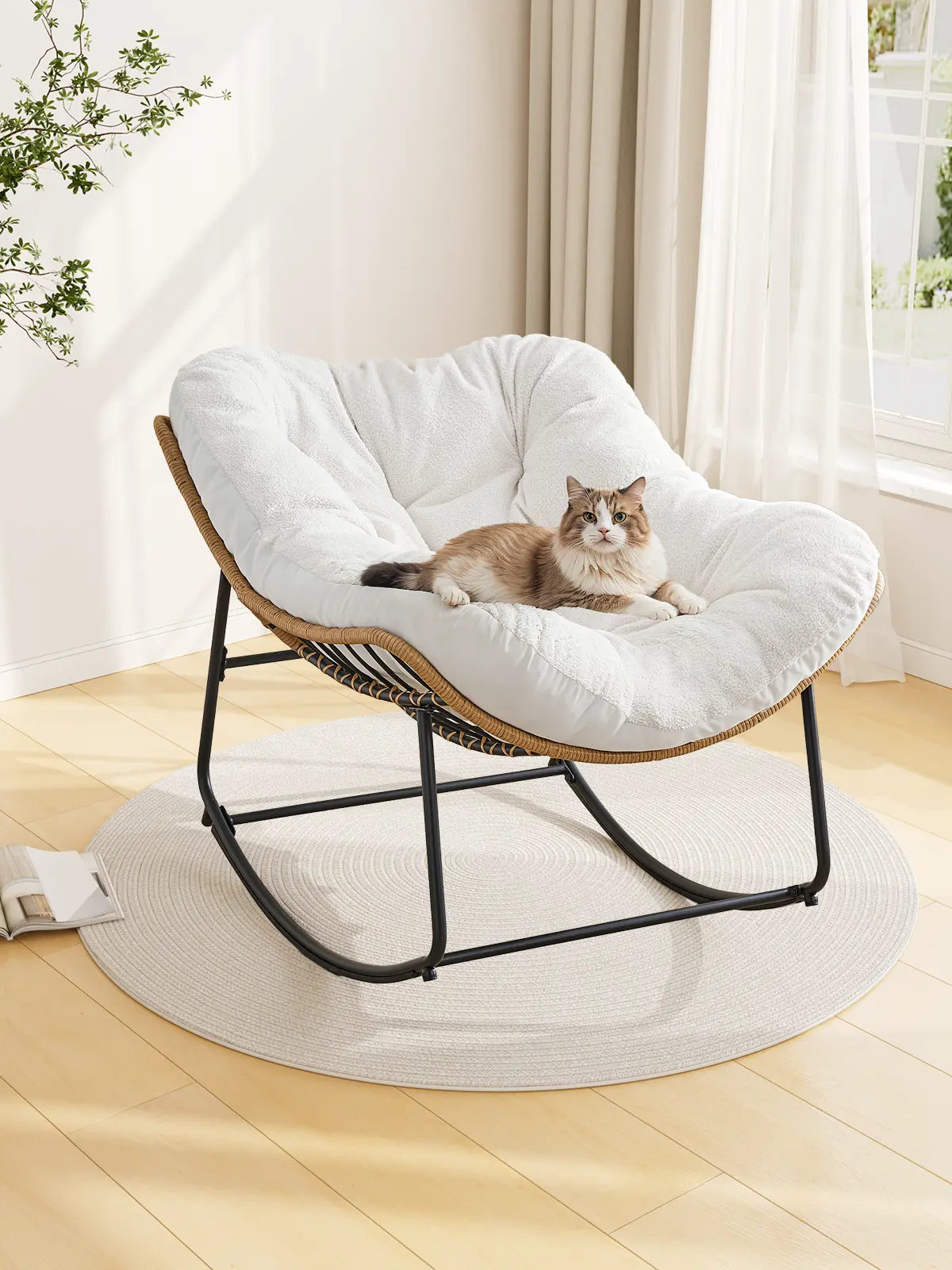 【Double-Side Fabric & SPOTLIGHT DAY】ONBRILL Oversized Indoor Outdoor Rocking Chairs, Comfy Papasan Rocking Chair with Padded Cushion, Rattan Wicker Lounge Chair, Modern Reading Accent Chair for Balcony Garden, Livingroom Furniture,Christmas Gift