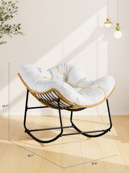 【Double-Side Fabric & SPOTLIGHT DAY】ONBRILL Oversized Indoor Outdoor Rocking Chairs, Comfy Papasan Rocking Chair with Padded Cushion, Rattan Wicker Lounge Chair, Modern Reading Accent Chair for Balcony Garden, Livingroom Furniture,Christmas Gift